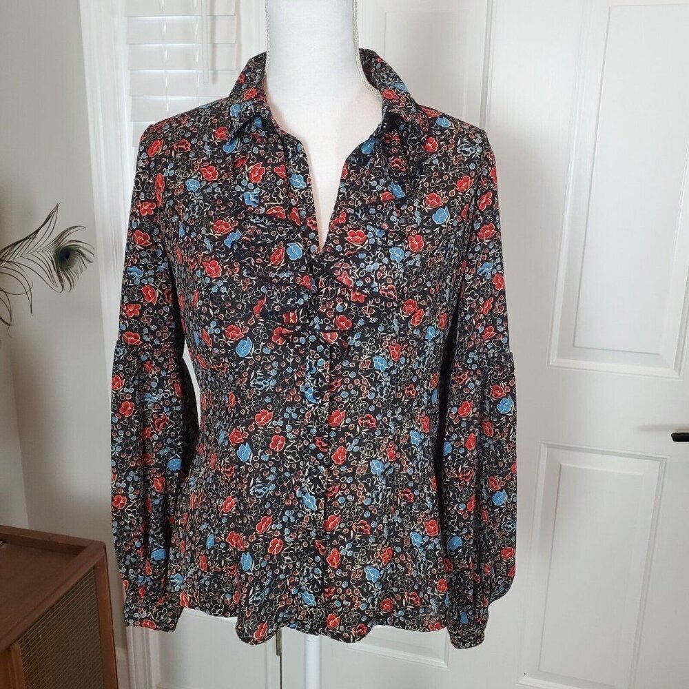 Free People Button Up Shirt Women Small Black Floral Ruffle Neck Balloon Peasant